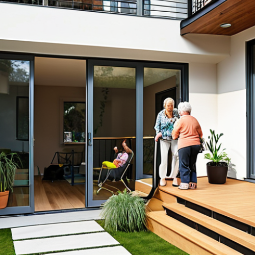 **

A modern, multi-generational home exterior in an urban setting. The architecture should incorporate universal design elements, like ramps and wide doorways, emphasizing accessibility. Visualize a family interacting on a shared balcony, with a senior member tending to plants and a child playing nearby, showcasing intergenerational connection. Focus on creating a warm, inviting atmosphere and highlight the home's integration with the surrounding city landscape.

**