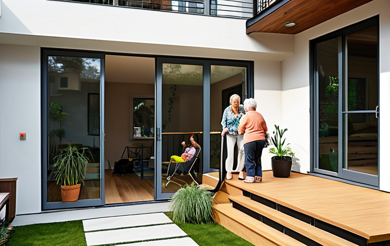 **

A modern, multi-generational home exterior in an urban setting. The architecture should incorporate universal design elements, like ramps and wide doorways, emphasizing accessibility. Visualize a family interacting on a shared balcony, with a senior member tending to plants and a child playing nearby, showcasing intergenerational connection. Focus on creating a warm, inviting atmosphere and highlight the home's integration with the surrounding city landscape.

**