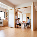 **

A bright, modern multi-generational home in Japan. Focus on the flexible interior: movable walls creating a play area for young children that can later be converted into separate bedrooms. Include a glimpse of a shared community kitchen with residents of different ages cooking together. The image should convey a sense of adaptable space and community.

**