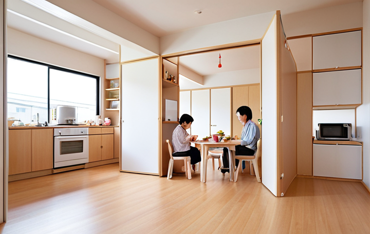 **

A bright, modern multi-generational home in Japan. Focus on the flexible interior: movable walls creating a play area for young children that can later be converted into separate bedrooms. Include a glimpse of a shared community kitchen with residents of different ages cooking together. The image should convey a sense of adaptable space and community.

**