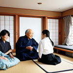 A diverse multi-generational family, including an elder couple, their adult children, and young grandchildren, gathered around a large, neat table in a bright, modern Japanese-style living room. They are engaged in a calm and respectful family discussion about household rules and shared living spaces. All family members are fully clothed in comfortable, modest, everyday attire. The atmosphere is harmonious, focusing on open communication and understanding. The living room is tidy and well-organized, with natural light streaming in. Traditional Japanese elements are subtly incorporated into the contemporary design. safe for work, appropriate content, fully clothed, professional, modest clothing, family-friendly, perfect anatomy, correct proportions, natural pose, well-formed hands, proper finger count, natural body proportions, high-quality photography, realistic.