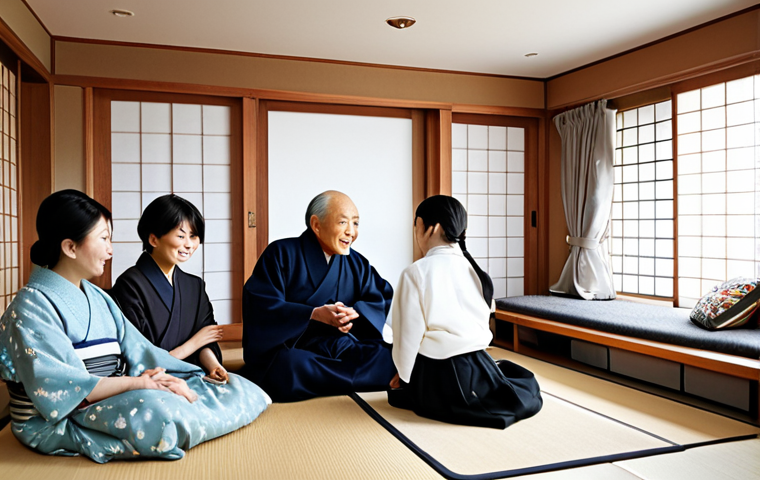 A diverse multi-generational family, including an elder couple, their adult children, and young grandchildren, gathered around a large, neat table in a bright, modern Japanese-style living room. They are engaged in a calm and respectful family discussion about household rules and shared living spaces. All family members are fully clothed in comfortable, modest, everyday attire. The atmosphere is harmonious, focusing on open communication and understanding. The living room is tidy and well-organized, with natural light streaming in. Traditional Japanese elements are subtly incorporated into the contemporary design. safe for work, appropriate content, fully clothed, professional, modest clothing, family-friendly, perfect anatomy, correct proportions, natural pose, well-formed hands, proper finger count, natural body proportions, high-quality photography, realistic.