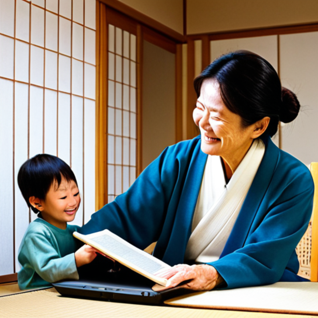 Supportive Housing Scene**
"A bright and welcoming multigenerational home interior in Japan, featuring a smiling grandmother reading a book to a young child, while a younger adult works on a laptop nearby. Safe for work, appropriate content, fully clothed, modest clothing, professional photography, high quality, perfect anatomy, natural proportions, family-friendly, warm lighting, Japanese aesthetic, tatami mats, shoji screens, happy atmosphere."
**