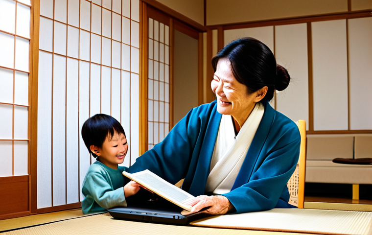Supportive Housing Scene**

"A bright and welcoming multigenerational home interior in Japan, featuring a smiling grandmother reading a book to a young child, while a younger adult works on a laptop nearby. Safe for work, appropriate content, fully clothed, modest clothing, professional photography, high quality, perfect anatomy, natural proportions, family-friendly, warm lighting, Japanese aesthetic, tatami mats, shoji screens, happy atmosphere."

**
