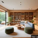 다세대 주거의 공간 혁신 - A modern multi-generational Japanese home interior featuring flexible multifunctional shared spaces:...