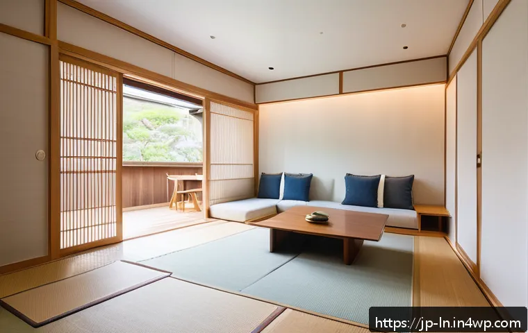 다세대 주거의 공간 분할 전략 - A modern multi-generational Japanese home interior showcasing flexible zoning with movable wooden an...
