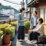 다세대 주거의 관리 및 운영 전략 - A warm and harmonious multi-generational residential building scene in Japan during morning, featuri...
