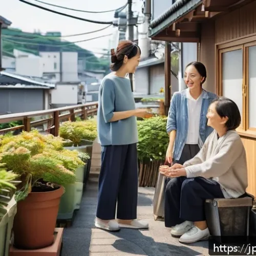 다세대 주거의 관리 및 운영 전략 - A warm and harmonious multi-generational residential building scene in Japan during morning, featuri...