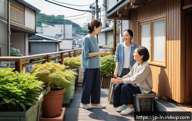 다세대 주거의 관리 및 운영 전략 - A warm and harmonious multi-generational residential building scene in Japan during morning, featuri...