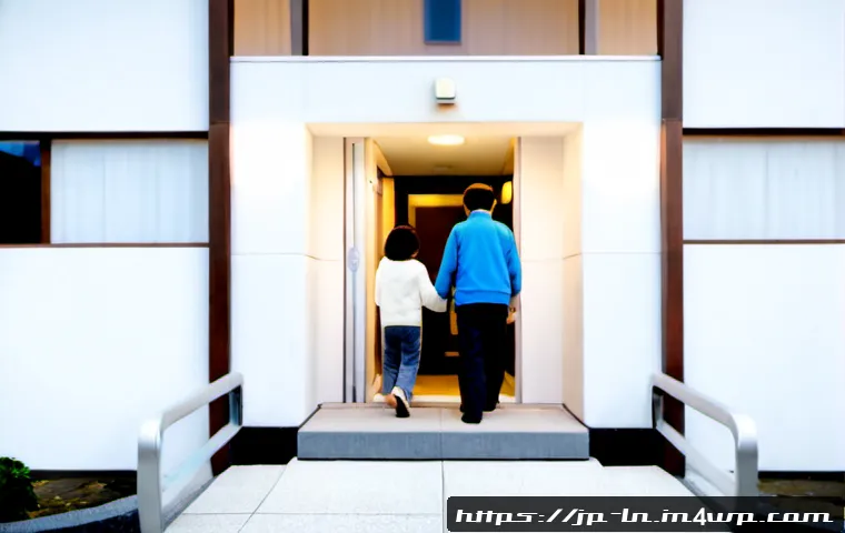 다세대 주거의 안전성 확보 방안 - Photorealistic Japanese multi-family apartment entrance at dusk, an elderly resident, a parent with ...