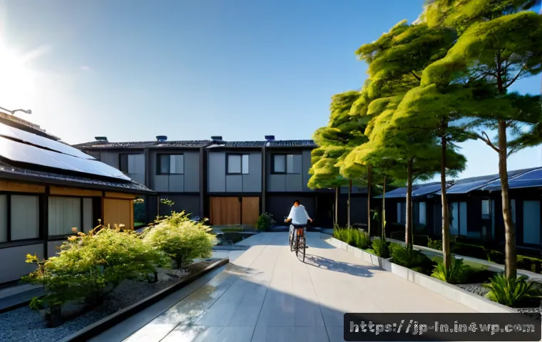 다세대 주거의 지속 가능한 개발 방향 - Photorealistic exterior of a modern Japanese multigenerational housing complex designed for sustaina...